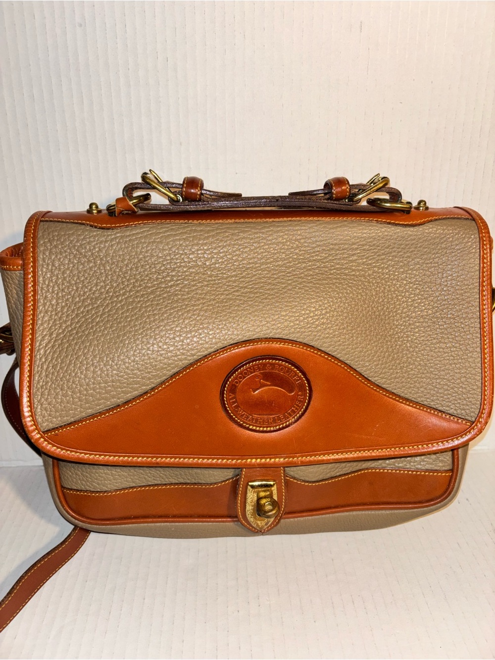 Dooney & Bourke Taupe and Saddle Leather Satchel with Gold Hardware
